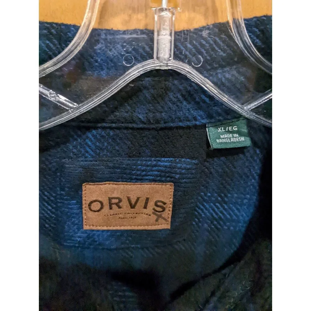 Orvis Mens XL Big Bear Flannel Shacket Shirt Jacket Blue Black Plaid Heavy Thick